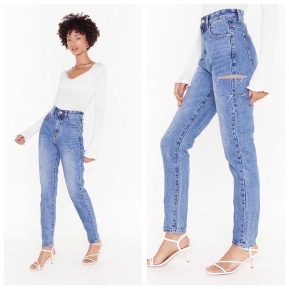Nasty Gal Side Slit High Waisted Mom Jeans Distressed High Rise Size 4